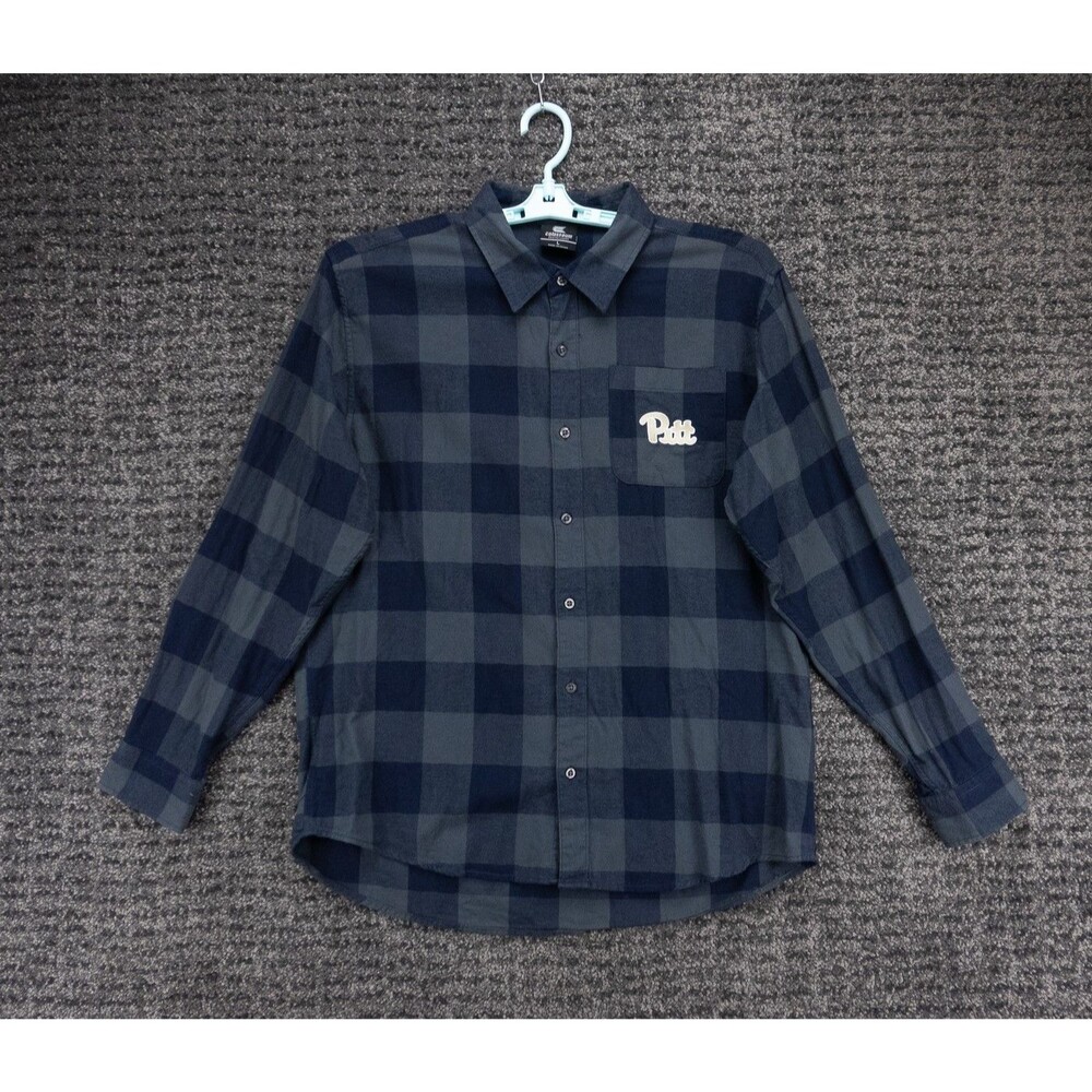 Pitt Panthers Shirt Mens Large Blue Gray Plaid Flannel Long Sleeve Embroidered